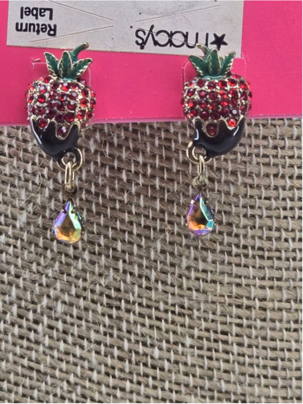 NWT Betsey Johnson Earrings Chocolate Dipped Strawberry Post Dangle Red Crystal - Picture 2 of 8
